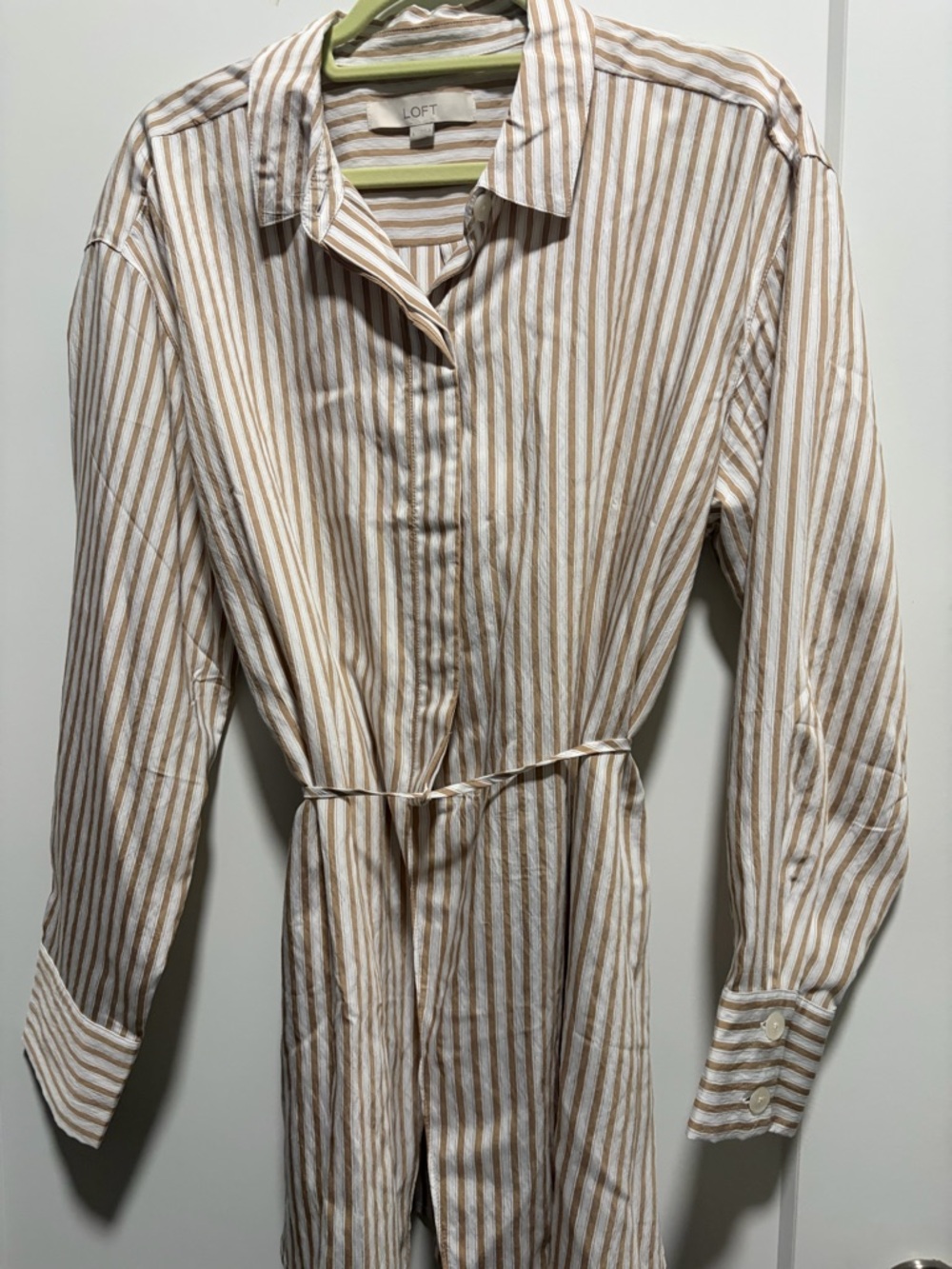 LOFT Beige Striped women’s button down shirt.